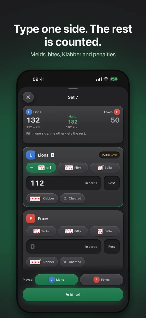 Adding a set: type one side's card points, choose melds per team, the rest is counted