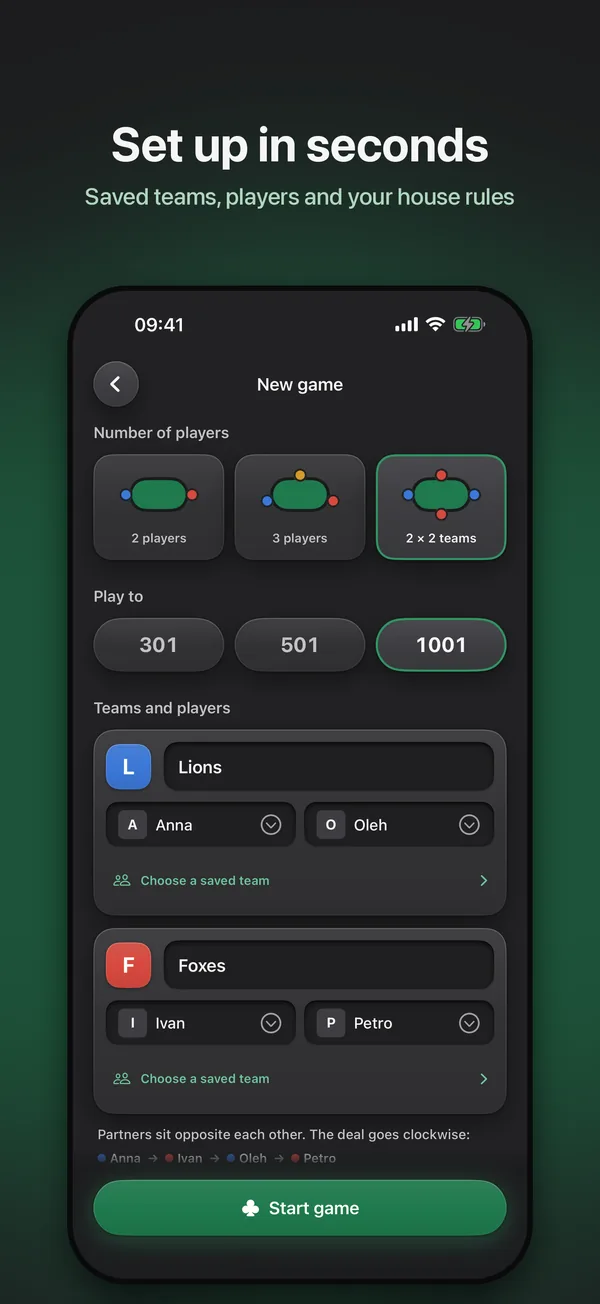 New game setup: number of players, target score, saved teams and players